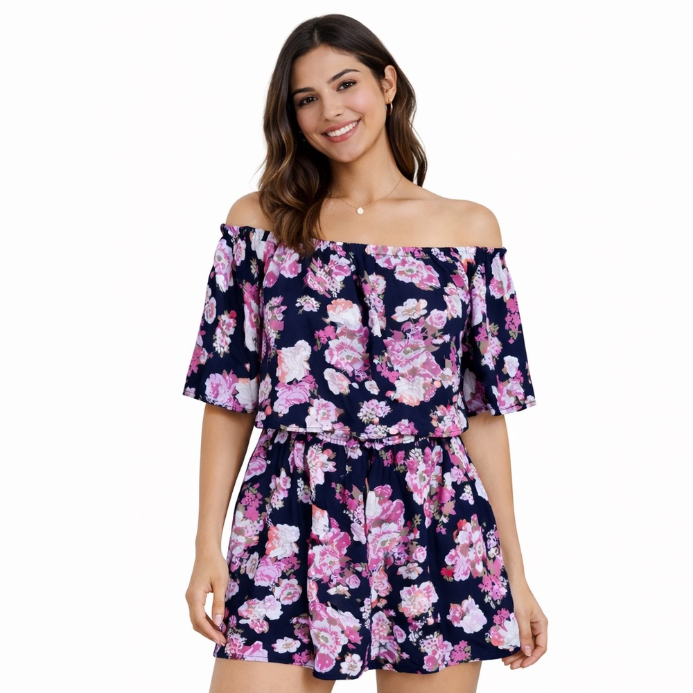 Ultra Flirt Floral Romper Women’s Medium Cold Shoulder Fully Lined Stretchy Boho